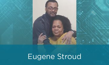 Eugene and Ester Stroud photo with his name and the UI Cancer Center logo