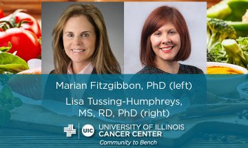 Marian Fitzgibbon and Lisa Tussing-Humphreys photos with their names and the UI Cancer Center logo