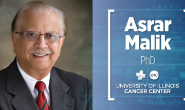 Asrar Malik photo with his name and the UI Cancer Center logo