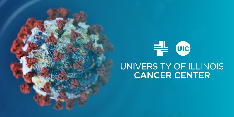 COVID19 macro photo with UI Cancer Center logo on teal background