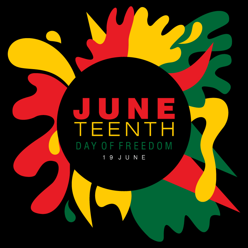 Red, green, and yellow Juneteenth graphic with the words JUNETEENTH DAY OF FREEDOM JUNE 19 in the middle