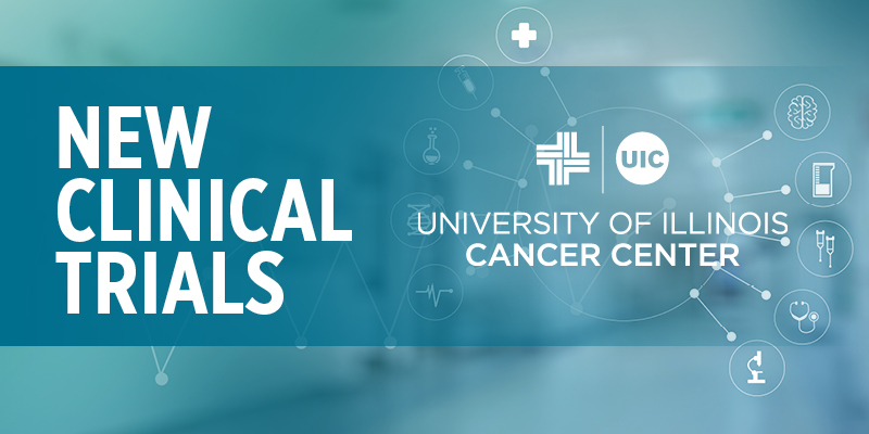 Bold New Clinical Trial words over a scientific background image. The UI Cancer Center logo is on the left of the words