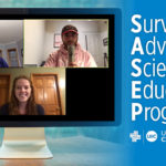 3 students in a zoom webinar appearing on a computer screen. The words Survivors Advising Scientists Educational Program and the UI Cancer Center logo are on the right side.