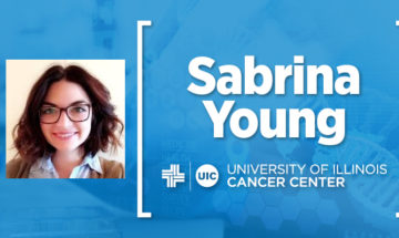 Photo of Sabrina Young, and her name with the UI Cancer Center logo