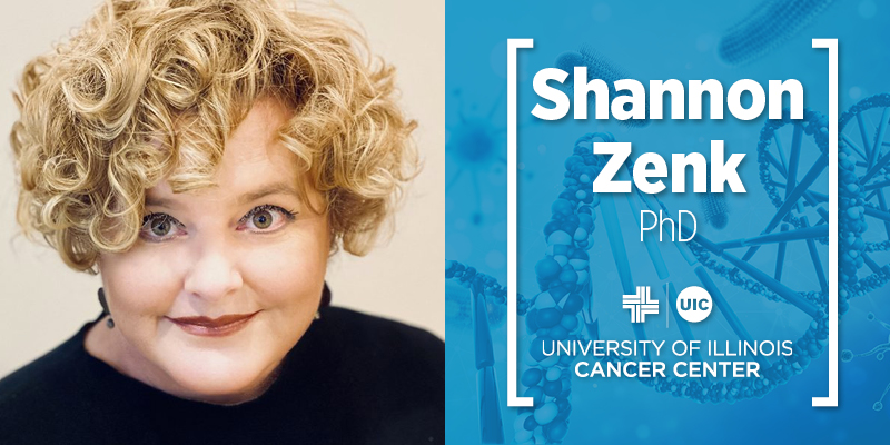 Shannon Zenk photo and her name with the UI Cancer Center logo