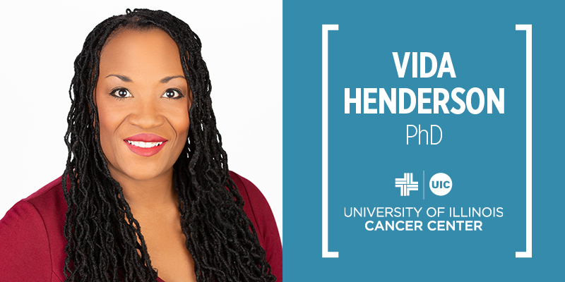 Vida Henderson, PhD photo and the UI Cancer Center logo
