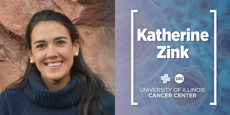 Katherine Zink photo and her name with the UI Cancer Center logo