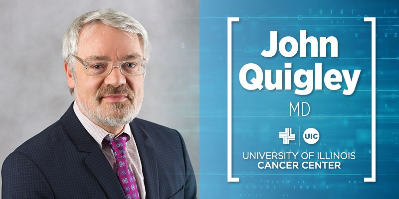 John Quigley photo with his name and UI Cancer Center logo