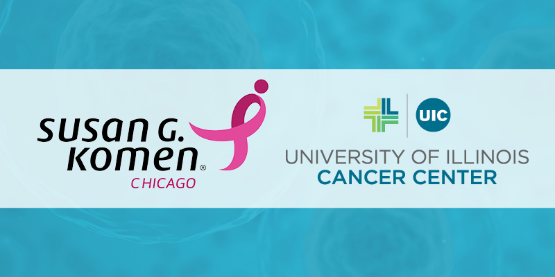 Susan G Komen Chicago logo with the UI Cancer Center logo on a blue background