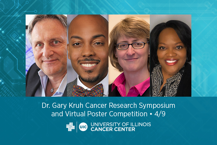 Photos of four speakers, the name of this event, and the UI Cancer Center logo