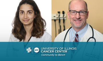 Irum Khan and Kent Hoskins photos with UI Cancer Center logo