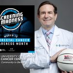 Screening Madness logo over a photo of Dr Kitajewski wearing a lab coat and holding a UIC Basketball