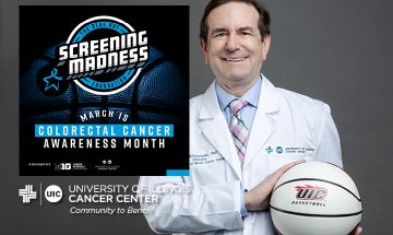 Screening Madness logo over a photo of Dr Kitajewski wearing a lab coat and holding a UIC Basketball