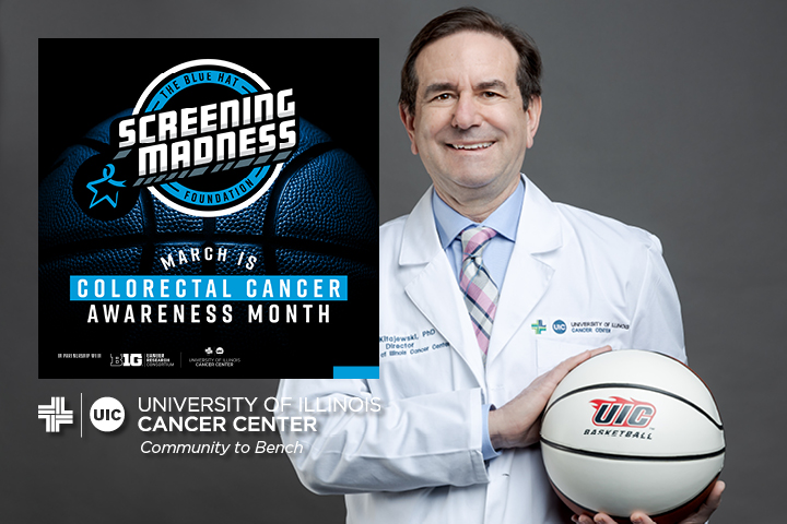 Screening Madness logo over a photo of Dr Kitajewski wearing a lab coat and holding a UIC Basketball
