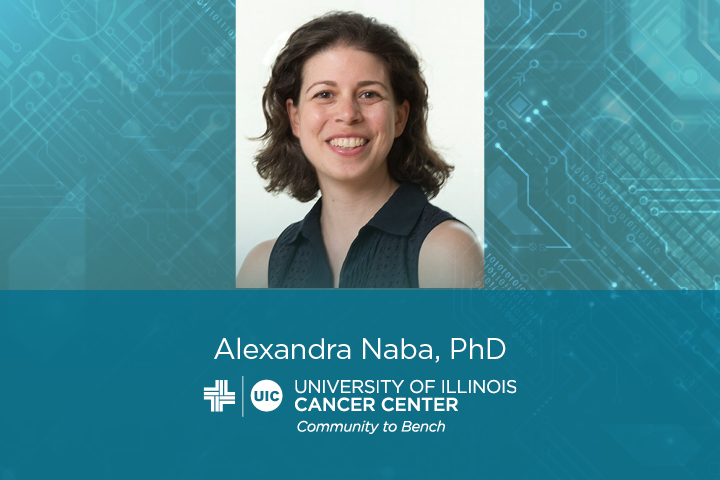 Alexandra Naba photo with her name and the UI Cancer Center logo