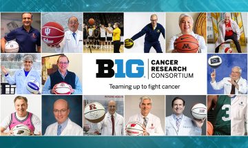 A collage of photos of Cancer Center Directors holding basketballs and the