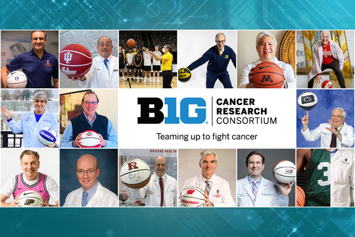 A collage of photos of Cancer Center Directors holding basketballs and the
