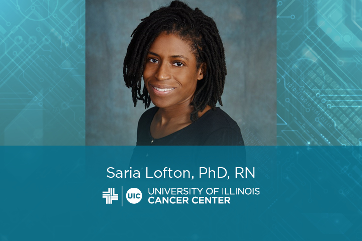 Saria Lofton photo with her name and the University of Illinois Cancer Center logo