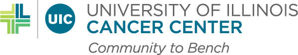 Horizontal University of Illinois Cancer Center logo with Community to Bench tagline