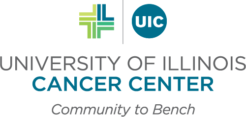 Stacked University of Illinois Cancer Center logo with Community to Bench tagline