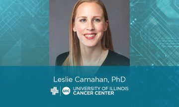 Leslie Carnahan photo with her name and the University of Illinois Cancer Center logo