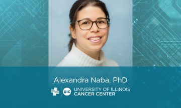 Alexandra Naba photo with her name and the University of Illinois Cancer Center logo