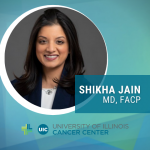 Shikha Jain photo with her name and the University of Illinois Cancer Center logo