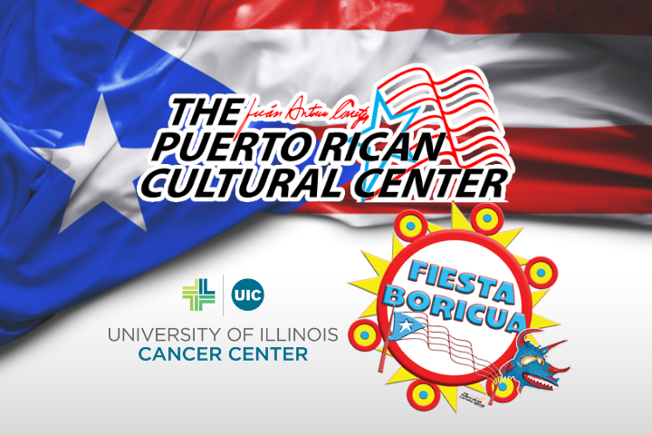 Fiesta Boricua graphic and the University of Illinois Cancer Center logo
