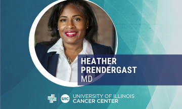 Heather Prendergast photo with her name and the cancer center logo