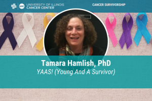Tamara Hamlish photo and the title of her talk "YAAS Young And A Survivor"