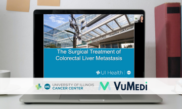 Presentation on a computer screen with the cancer center logo and the VuMedi logo