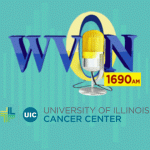 WVON logo and the University of Illinois Cancer Center logo on a teal background