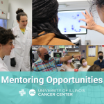 Photo collage of cancer center members teaching and mentoring students