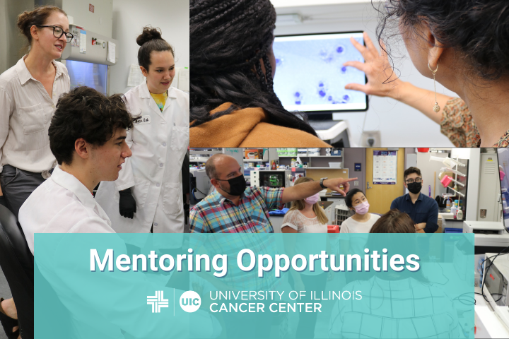 Photo collage of cancer center members teaching and mentoring students