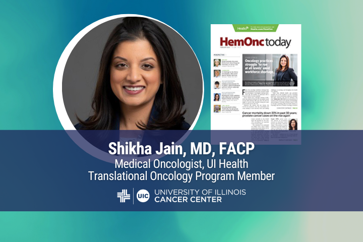A photo of Shikha Jain, MD, FACP next to an image of her feature in HemOnc Today