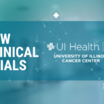 Bold New Clinical Trial words over a scientific background image. The Cancer Center logo is on the right of the words.