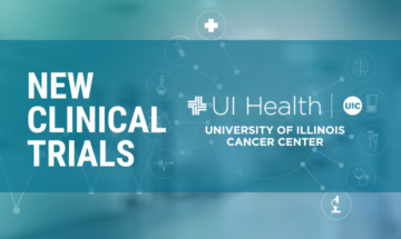 Bold New Clinical Trial words over a scientific background image. The Cancer Center logo is on the right of the words.