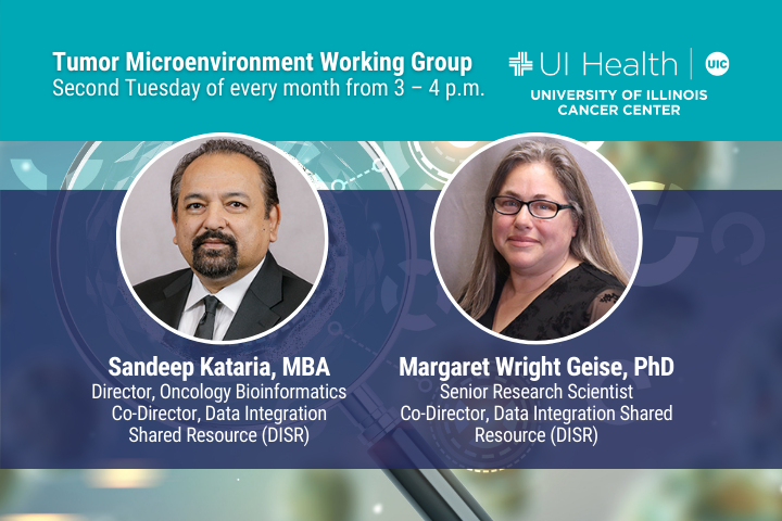 Tumor Microenvironment Working Group Graphic featuring Sandeep Kataria and Margaret Wright Geise