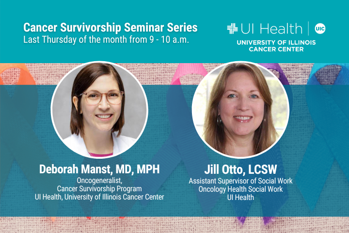 Survivorship Lecture Series graphic featuring Deborah Manst, MD, MPH and Jill Otto, LCSW