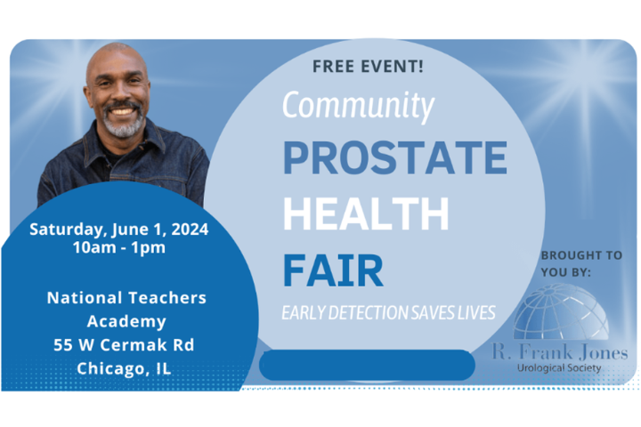 Flyer for community prostate health fair. Image of male.