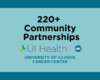 Icon image that says 220 plus community partnerships and includes the UI Health University of Illinois Cancer Center logo