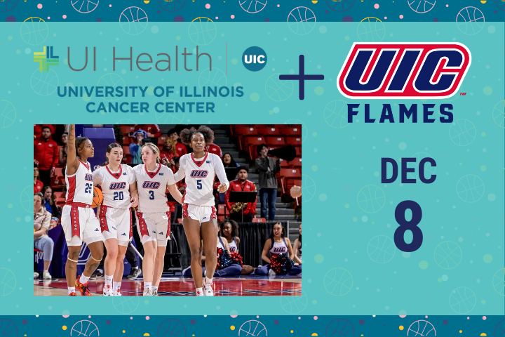 Photo of UIC Flames women's basketball players promoting December 8, 2025, home game.