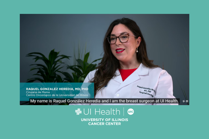 Image of Dr. Heredia, the new breast surgeon at UI Health, in a video.