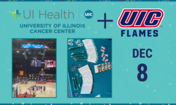 Pictures of University of Illinois Cancer Center logo and information cards at UIC Flames women's basketball game.