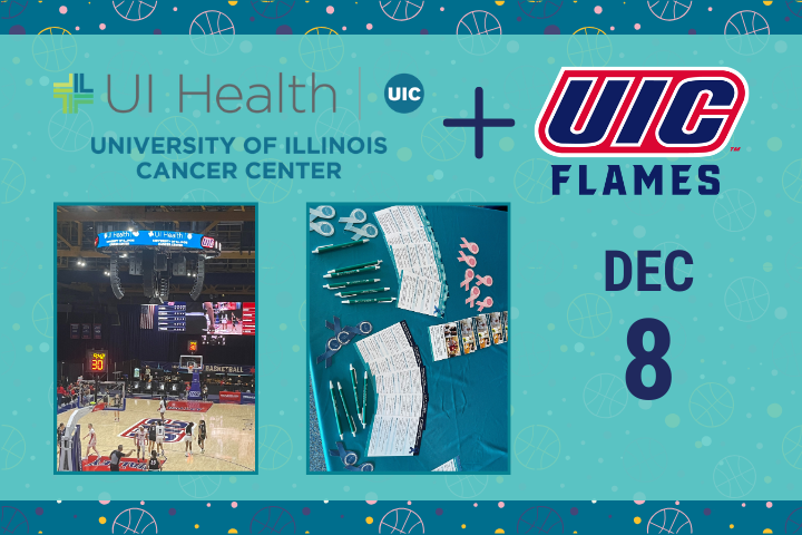 Pictures of University of Illinois Cancer Center logo and information cards at UIC Flames women's basketball game.