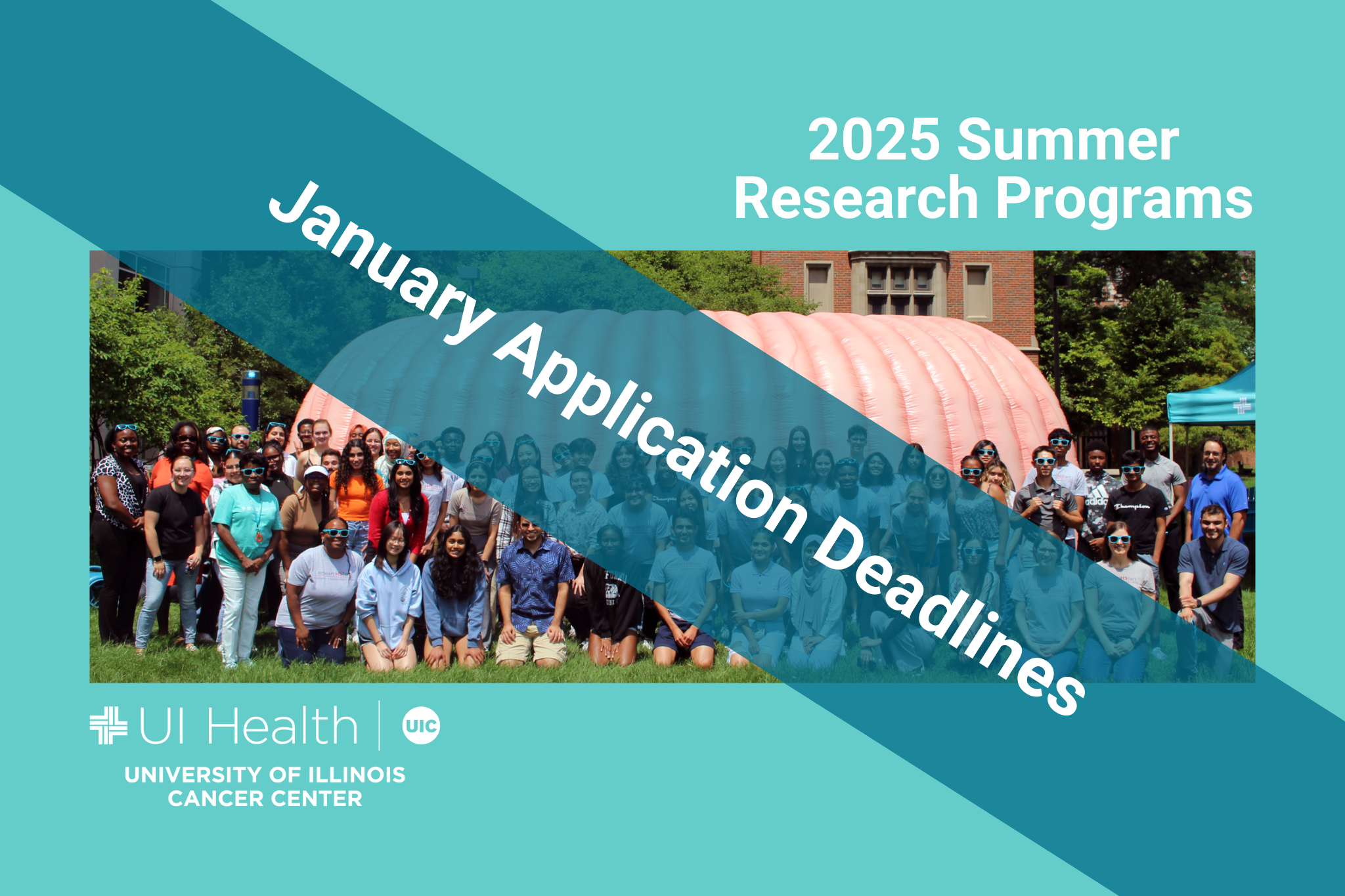 Image that is a reminder of January application deadlines for University of Illinois Cancer Center 2025 summer research programs.