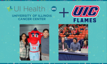 Image of Drs. Holt and Kothari with Sparky, the UIC Mascot plus Dr. Holt doing the halftime ESPN+ interview.