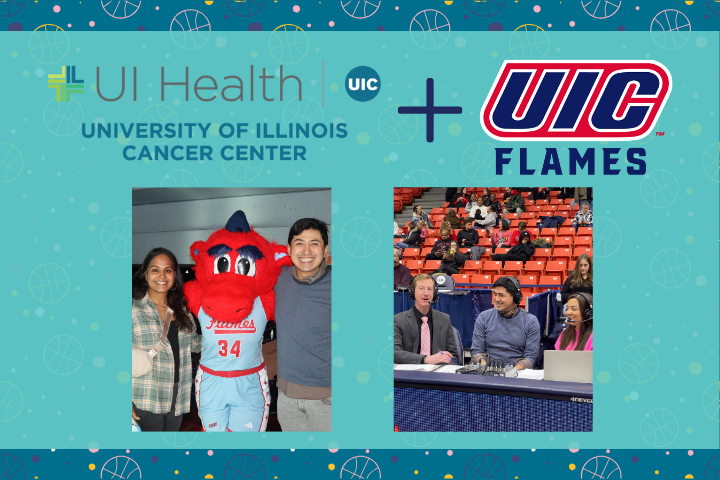 Image of Drs. Holt and Kothari with Sparky, the UIC Mascot plus Dr. Holt doing the halftime ESPN+ interview.