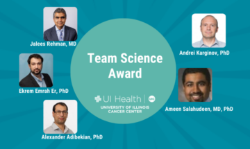 Image of Cancer Center Team Science Co-Principal Investigators Jalees Rehman, MD; Andrei Karginov, PhD; Ekrem Emrah Er, PhD; Ameen Salahudeen, MD, PhD; and Alexander Adibekian, PhD.