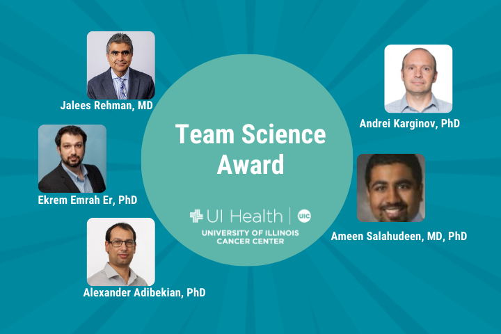 Image of Cancer Center Team Science Co-Principal Investigators Jalees Rehman, MD; Andrei Karginov, PhD; Ekrem Emrah Er, PhD; Ameen Salahudeen, MD, PhD; and Alexander Adibekian, PhD.